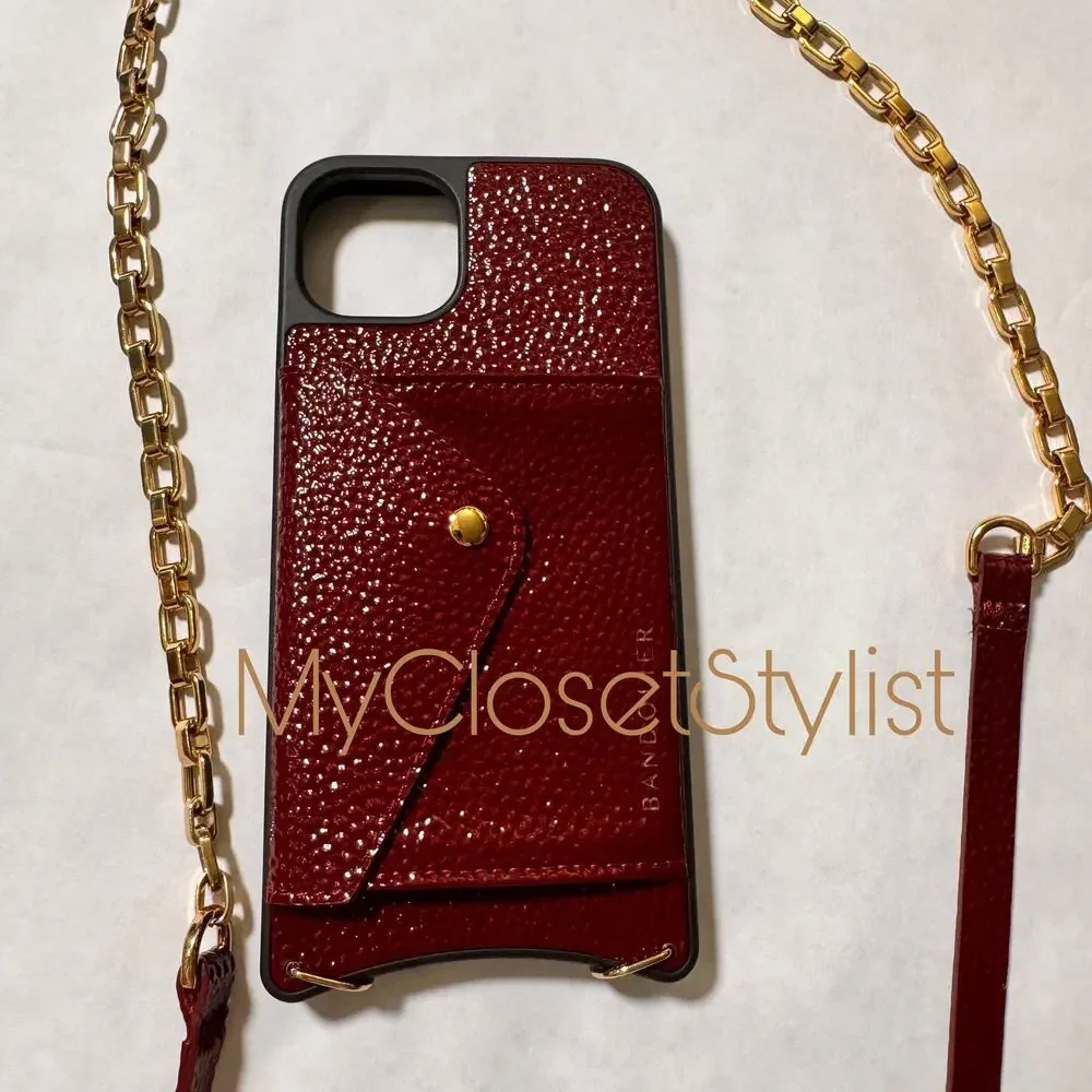 Bandolier LACQUER Leather 14plus Crossbody Chain Case SET wine/gold NEW RARE GEM